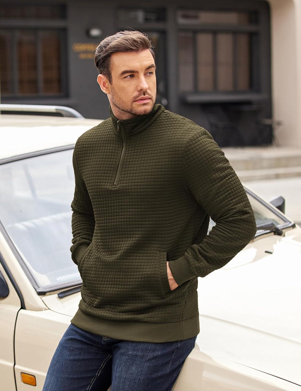 imageCOOFANDY Mens Quarter Zip Pullover Long Sleeve Waffle Quilted Sweatshirt Casual Polo Sweaters with PocketArmy Green