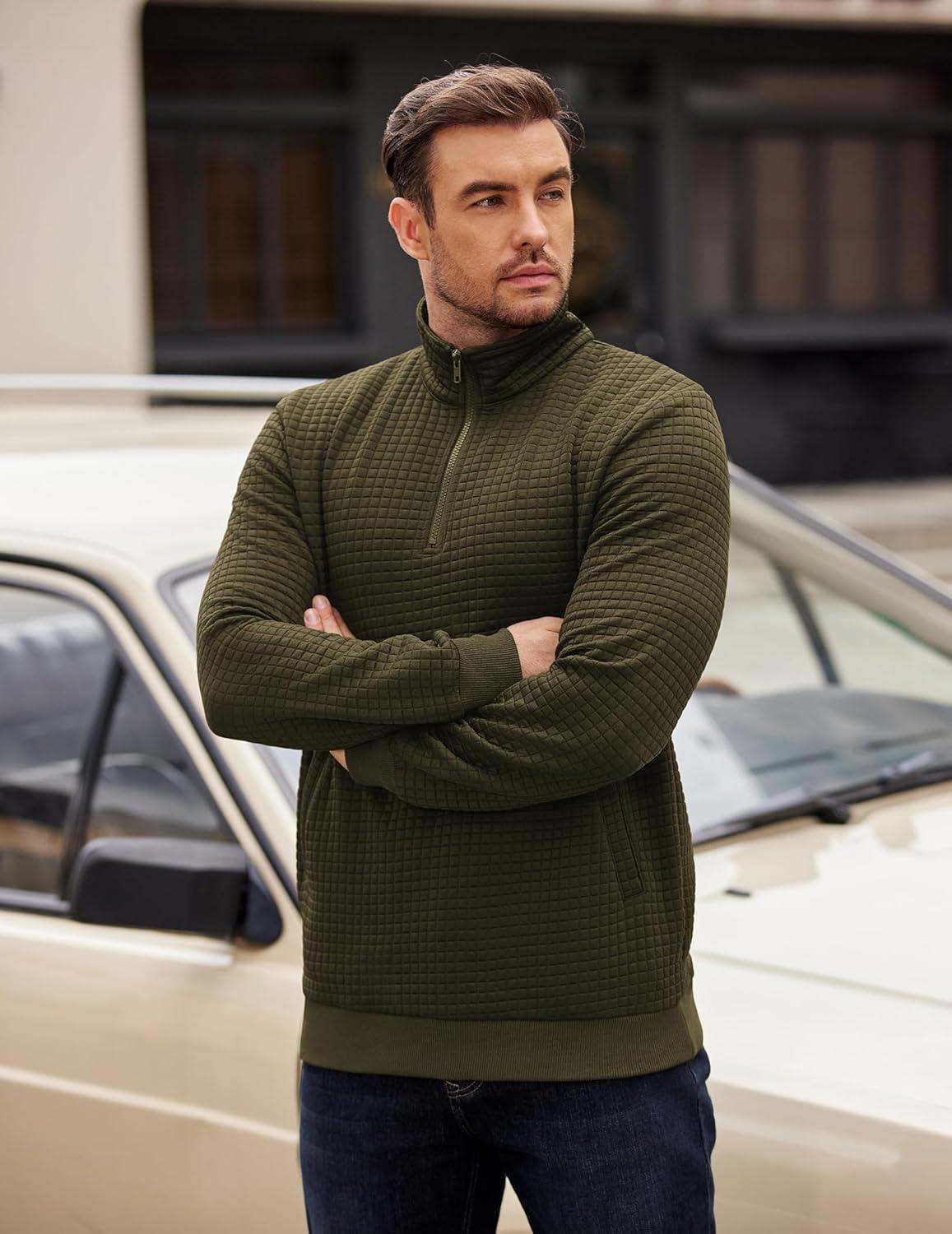 imageCOOFANDY Mens Quarter Zip Pullover Long Sleeve Waffle Quilted Sweatshirt Casual Polo Sweaters with PocketArmy Green