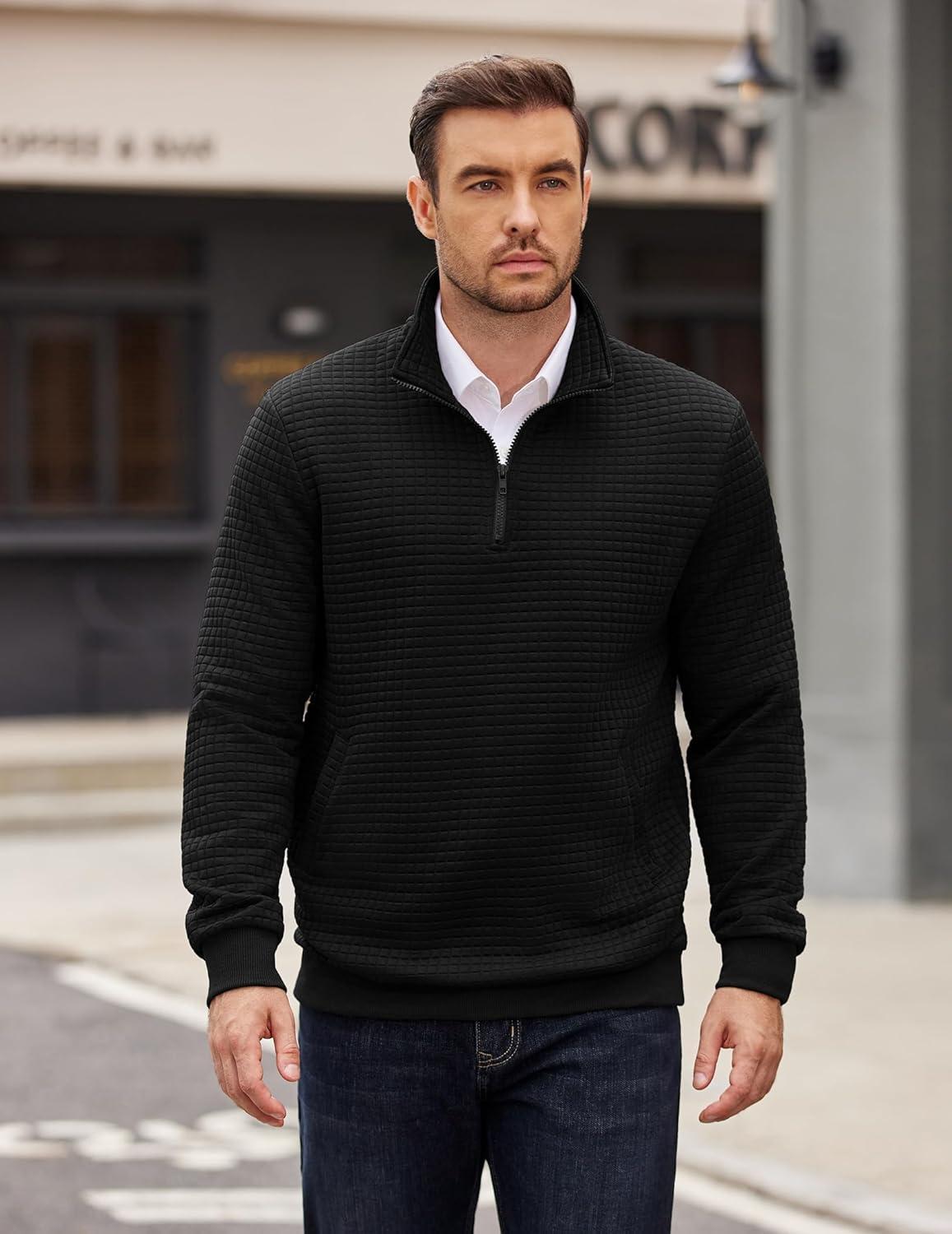 imageCOOFANDY Mens Quarter Zip Pullover Long Sleeve Waffle Quilted Sweatshirt Casual Polo Sweaters with PocketBlack