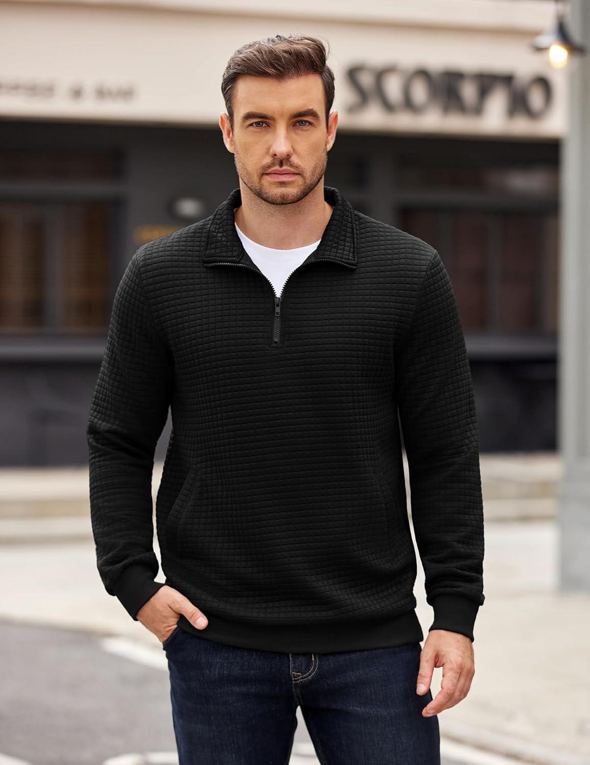 imageCOOFANDY Mens Quarter Zip Pullover Long Sleeve Waffle Quilted Sweatshirt Casual Polo Sweaters with PocketBlack