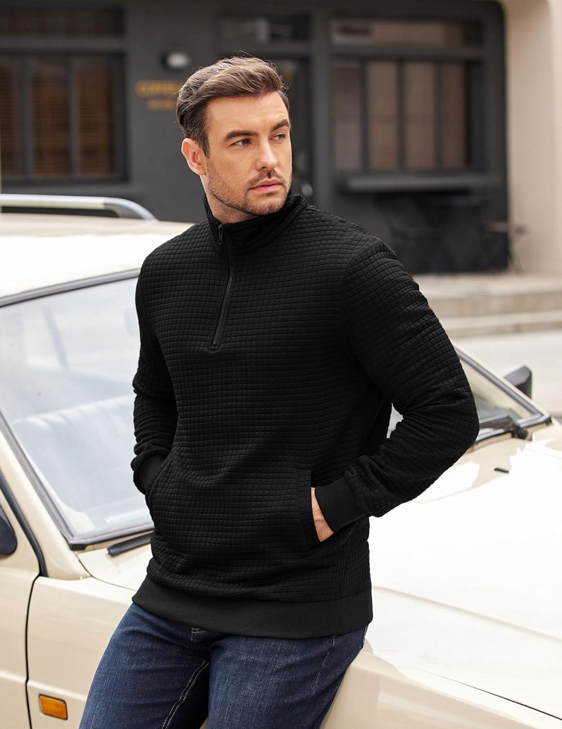imageCOOFANDY Mens Quarter Zip Pullover Long Sleeve Waffle Quilted Sweatshirt Casual Polo Sweaters with PocketBlack