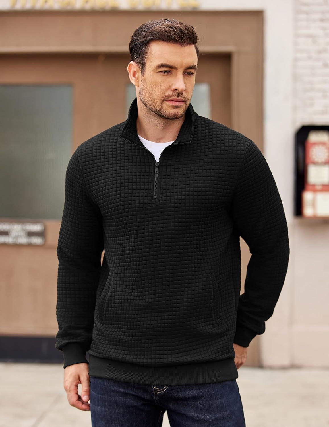 imageCOOFANDY Mens Quarter Zip Pullover Long Sleeve Waffle Quilted Sweatshirt Casual Polo Sweaters with PocketBlack