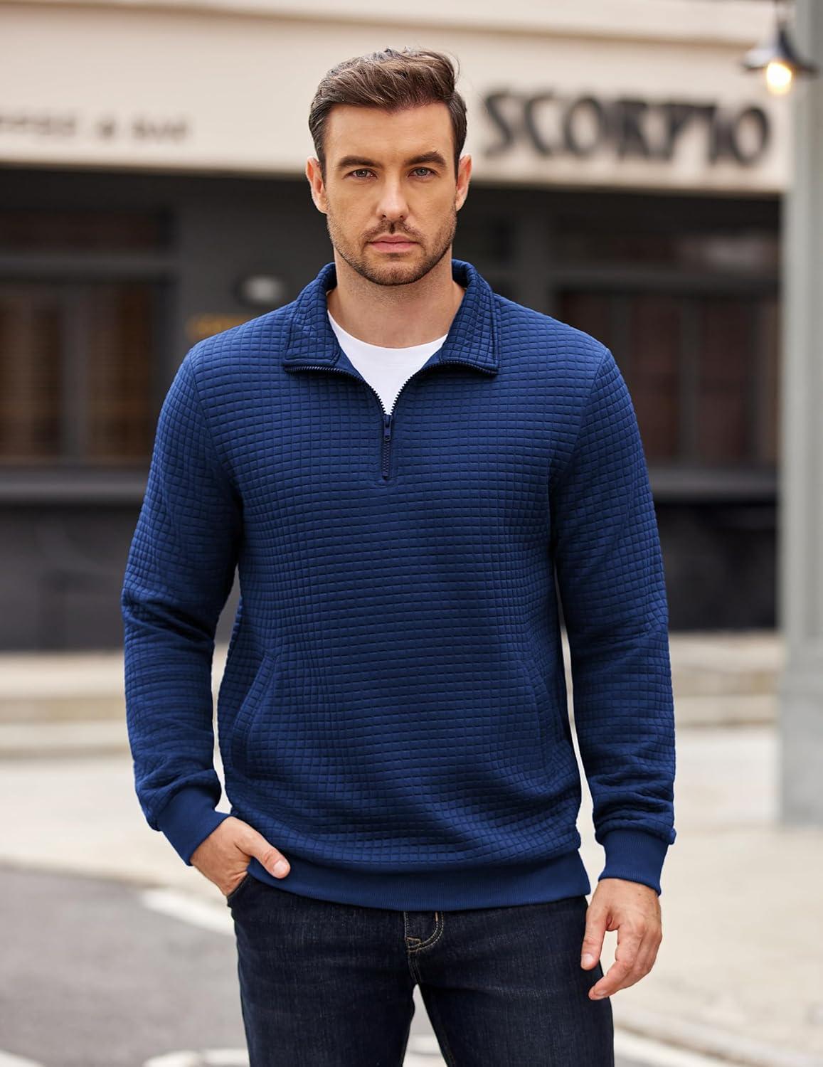 imageCOOFANDY Mens Quarter Zip Pullover Long Sleeve Waffle Quilted Sweatshirt Casual Polo Sweaters with PocketDark Blue