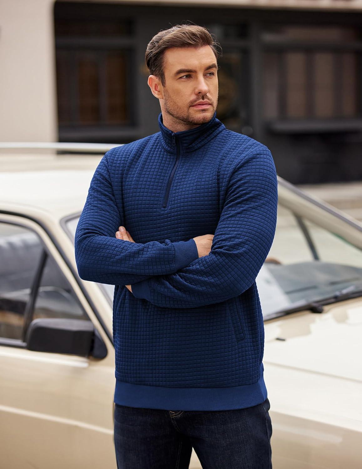 imageCOOFANDY Mens Quarter Zip Pullover Long Sleeve Waffle Quilted Sweatshirt Casual Polo Sweaters with PocketDark Blue
