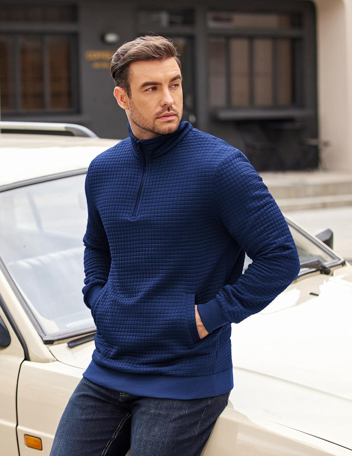 imageCOOFANDY Mens Quarter Zip Pullover Long Sleeve Waffle Quilted Sweatshirt Casual Polo Sweaters with PocketDark Blue
