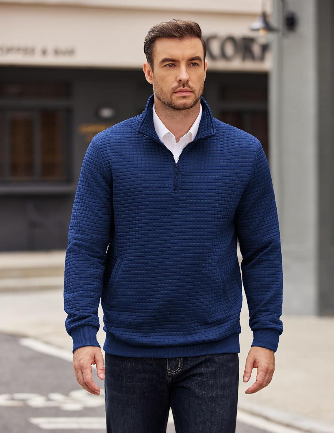 imageCOOFANDY Mens Quarter Zip Pullover Long Sleeve Waffle Quilted Sweatshirt Casual Polo Sweaters with PocketDark Blue