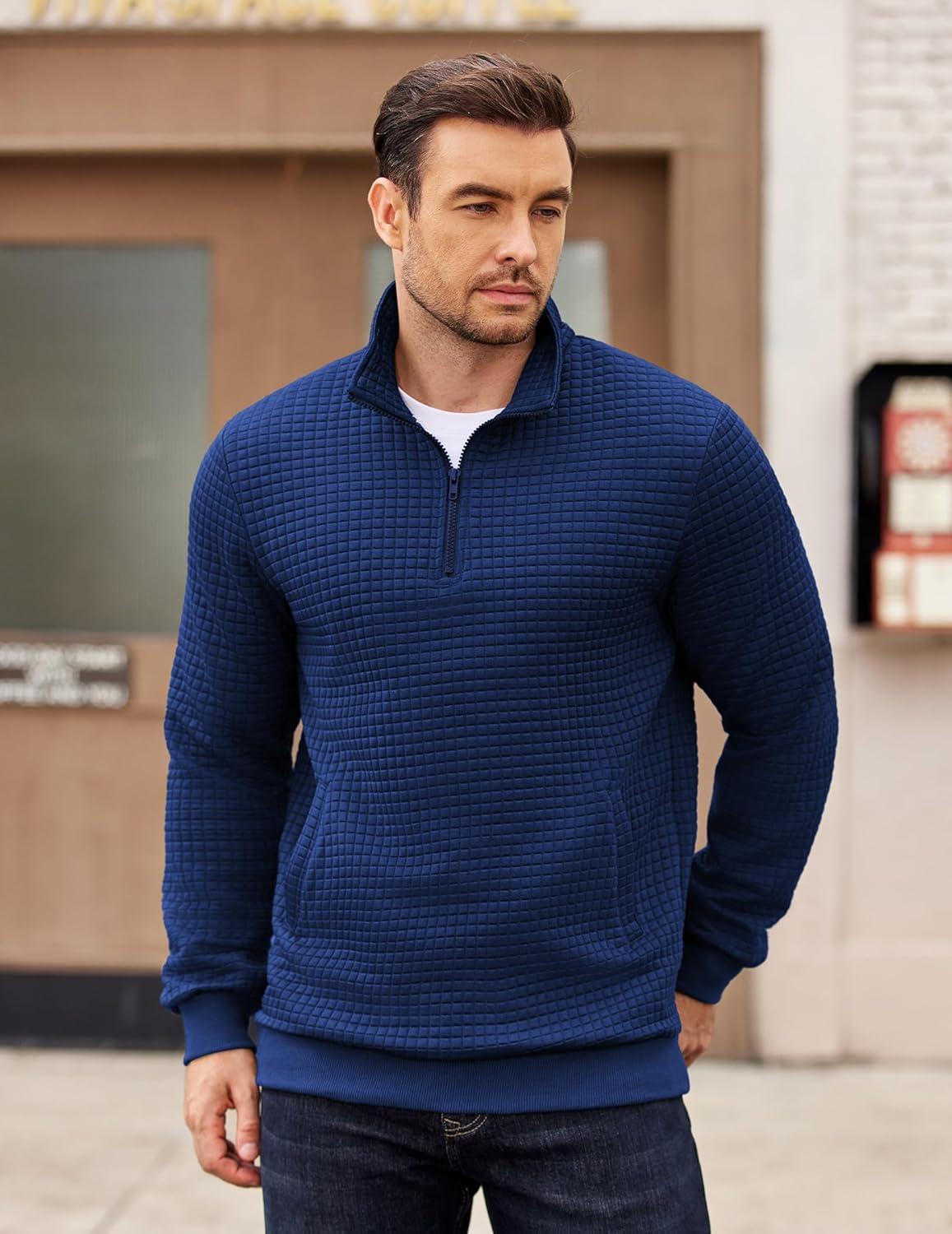 imageCOOFANDY Mens Quarter Zip Pullover Long Sleeve Waffle Quilted Sweatshirt Casual Polo Sweaters with PocketDark Blue