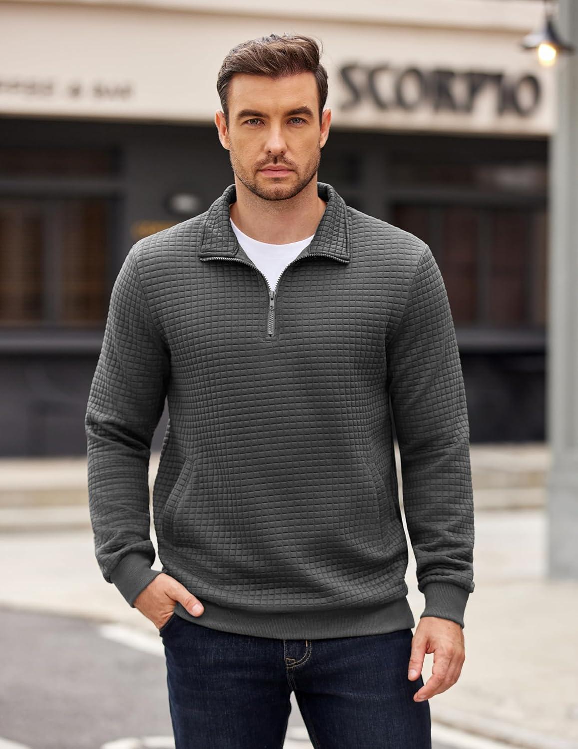 imageCOOFANDY Mens Quarter Zip Pullover Long Sleeve Waffle Quilted Sweatshirt Casual Polo Sweaters with PocketDark Grey