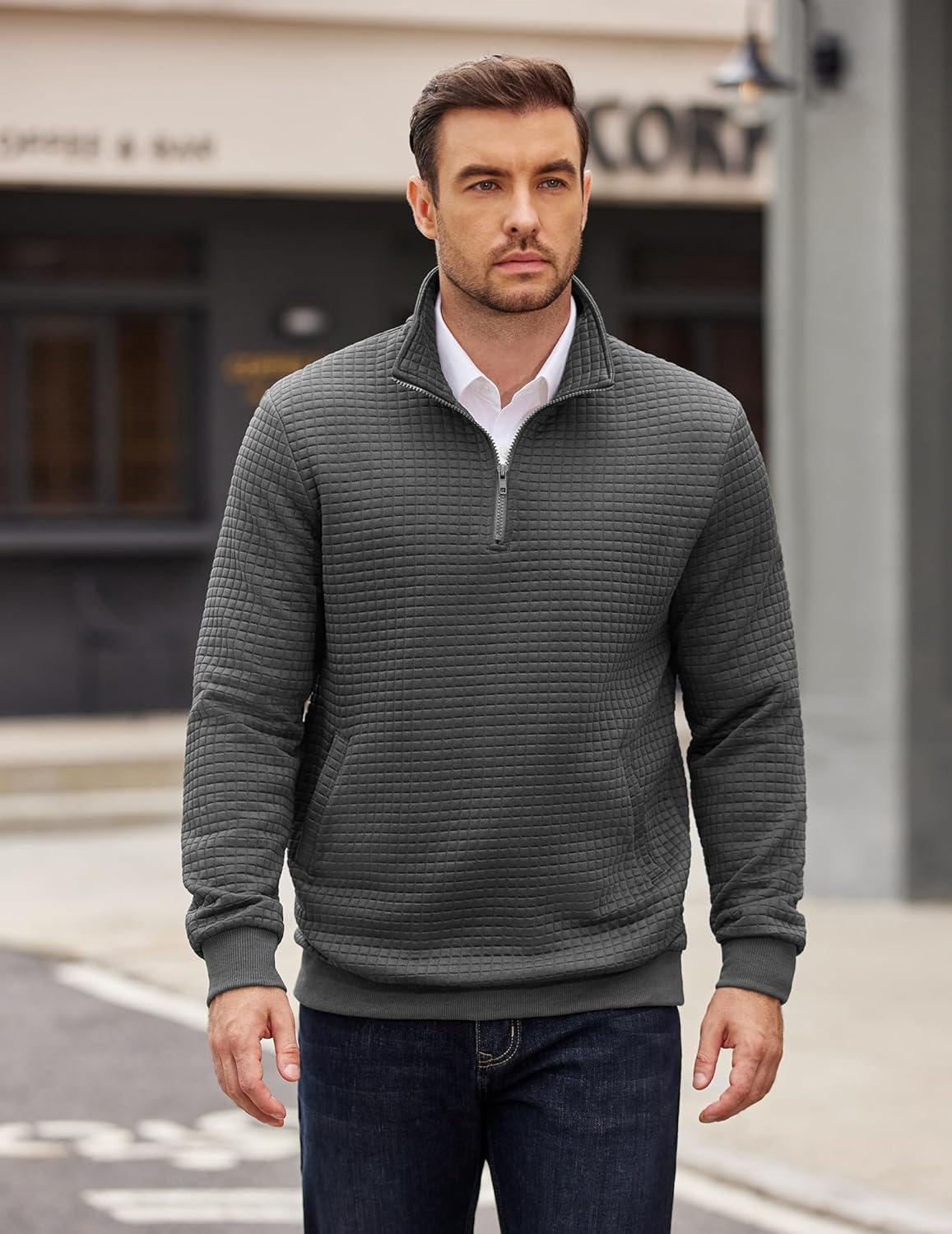 imageCOOFANDY Mens Quarter Zip Pullover Long Sleeve Waffle Quilted Sweatshirt Casual Polo Sweaters with PocketDark Grey