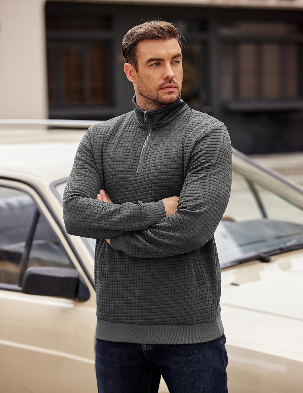 imageCOOFANDY Mens Quarter Zip Pullover Long Sleeve Waffle Quilted Sweatshirt Casual Polo Sweaters with PocketDark Grey