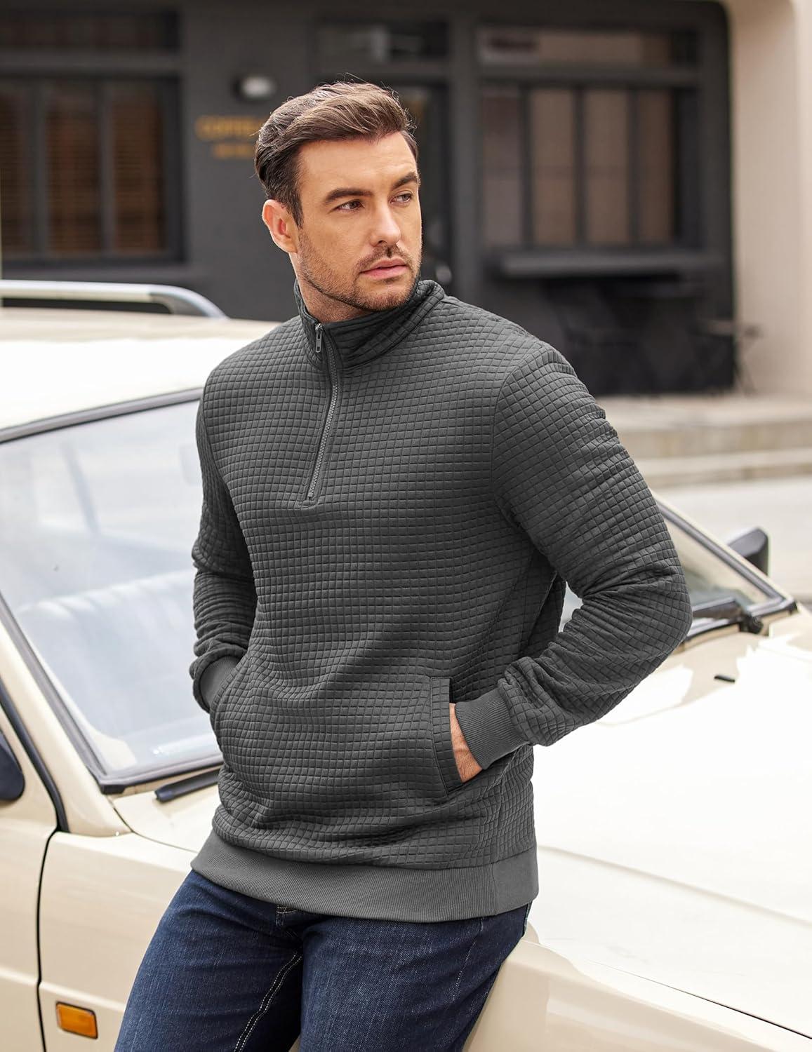 imageCOOFANDY Mens Quarter Zip Pullover Long Sleeve Waffle Quilted Sweatshirt Casual Polo Sweaters with PocketDark Grey