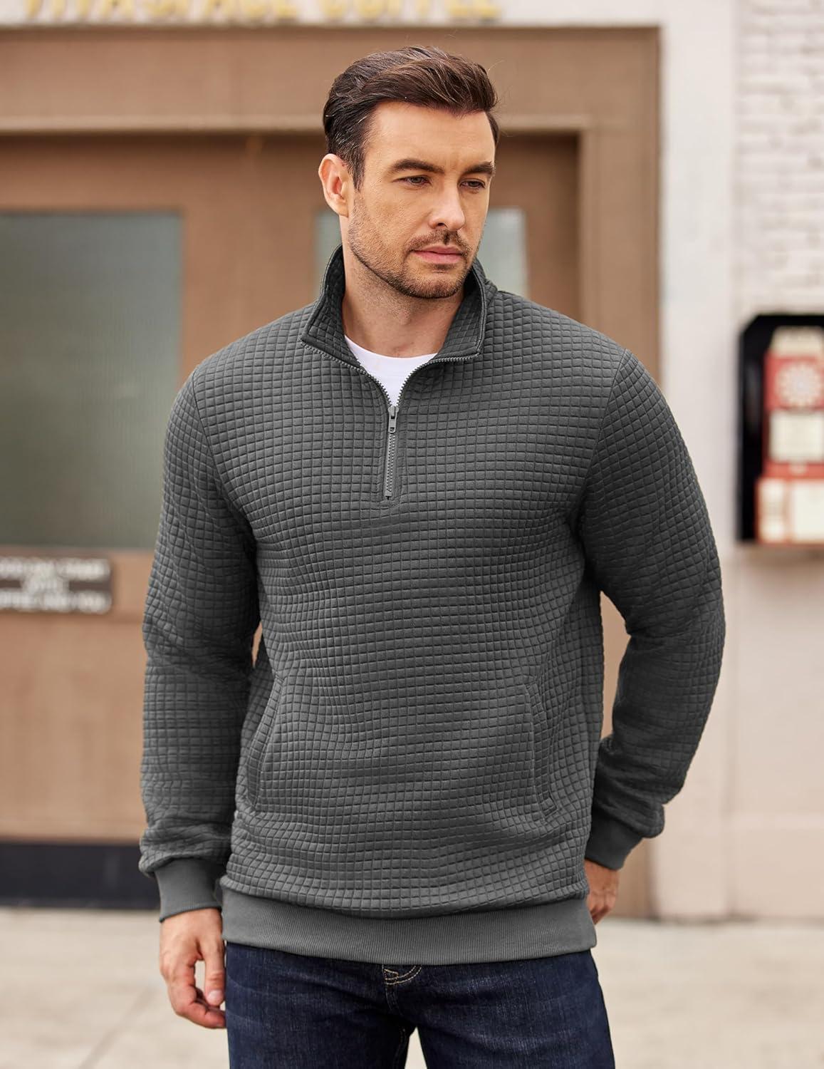 imageCOOFANDY Mens Quarter Zip Pullover Long Sleeve Waffle Quilted Sweatshirt Casual Polo Sweaters with PocketDark Grey