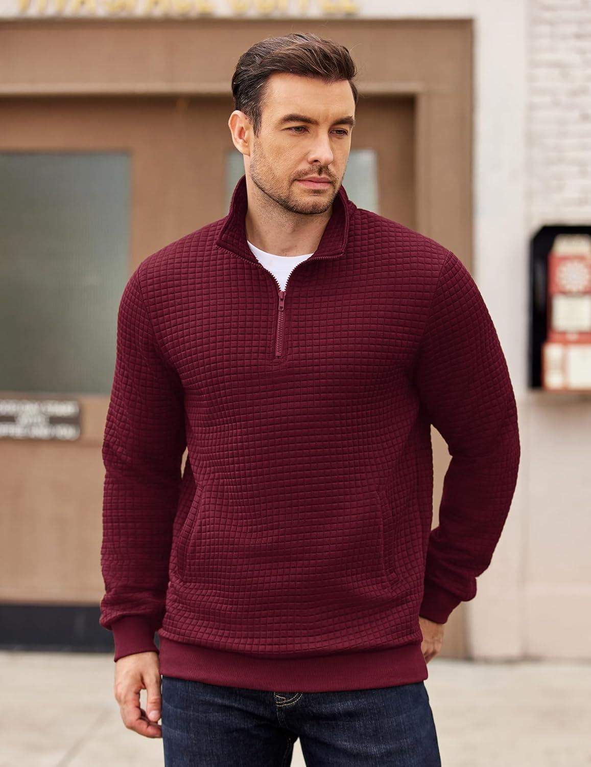 imageCOOFANDY Mens Quarter Zip Pullover Long Sleeve Waffle Quilted Sweatshirt Casual Polo Sweaters with PocketDark Red