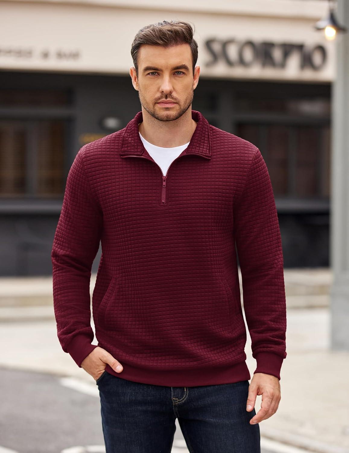 imageCOOFANDY Mens Quarter Zip Pullover Long Sleeve Waffle Quilted Sweatshirt Casual Polo Sweaters with PocketDark Red