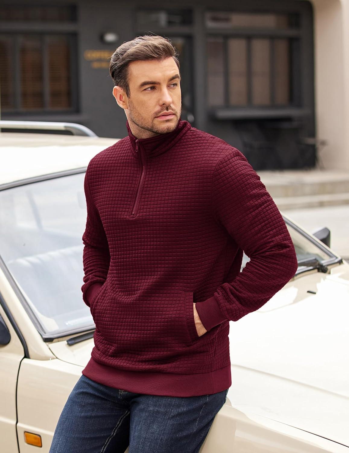 imageCOOFANDY Mens Quarter Zip Pullover Long Sleeve Waffle Quilted Sweatshirt Casual Polo Sweaters with PocketDark Red