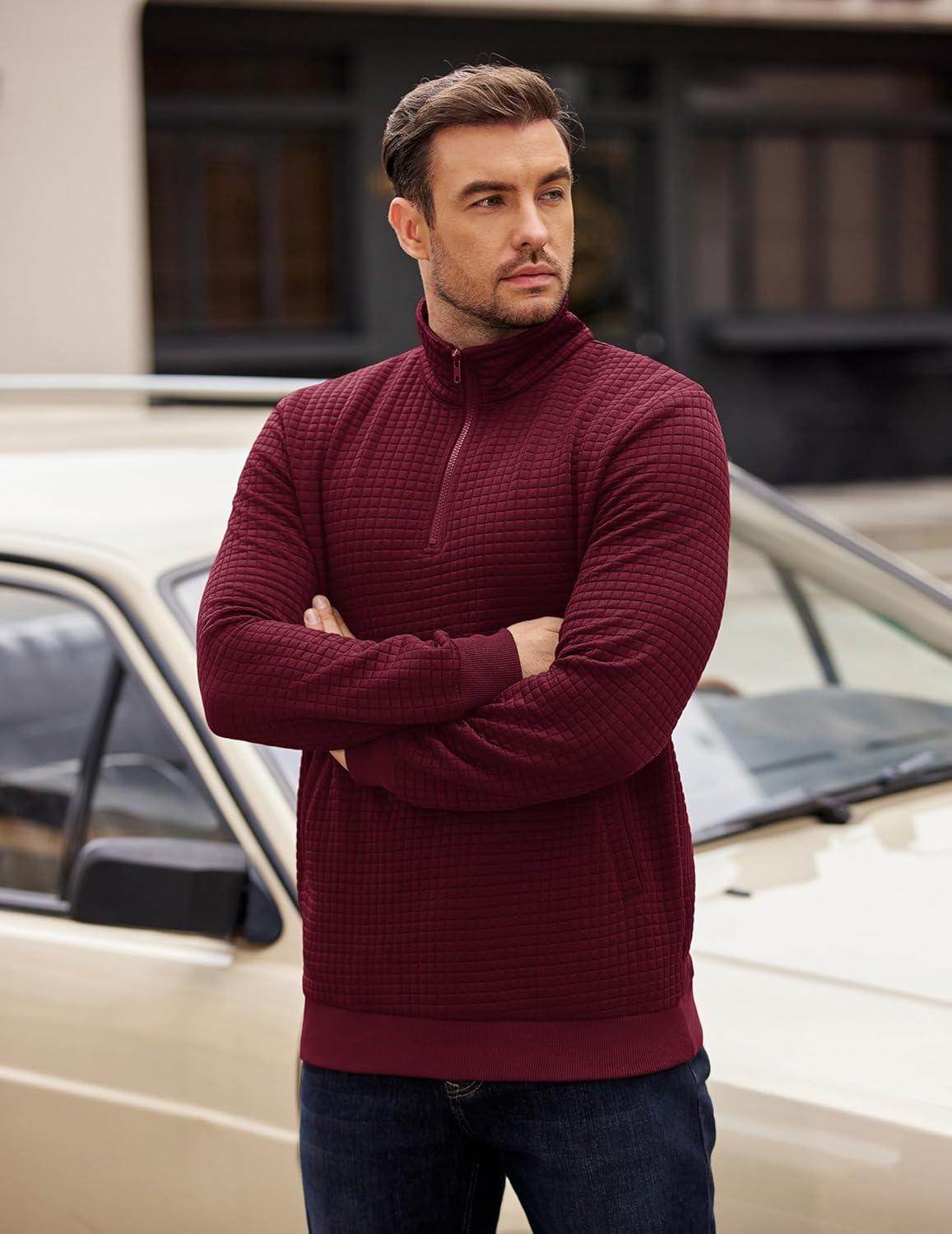 imageCOOFANDY Mens Quarter Zip Pullover Long Sleeve Waffle Quilted Sweatshirt Casual Polo Sweaters with PocketDark Red