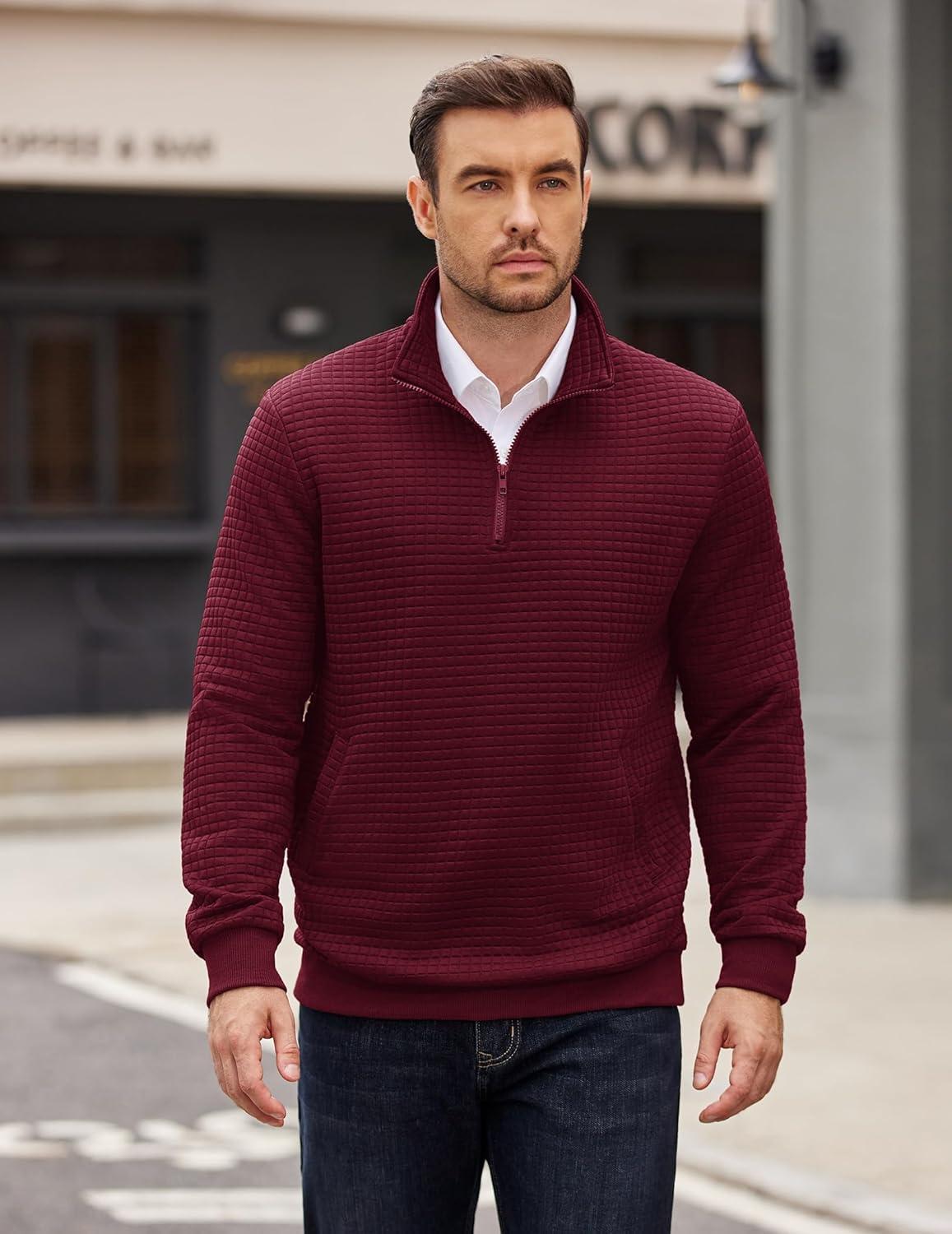 imageCOOFANDY Mens Quarter Zip Pullover Long Sleeve Waffle Quilted Sweatshirt Casual Polo Sweaters with PocketDark Red
