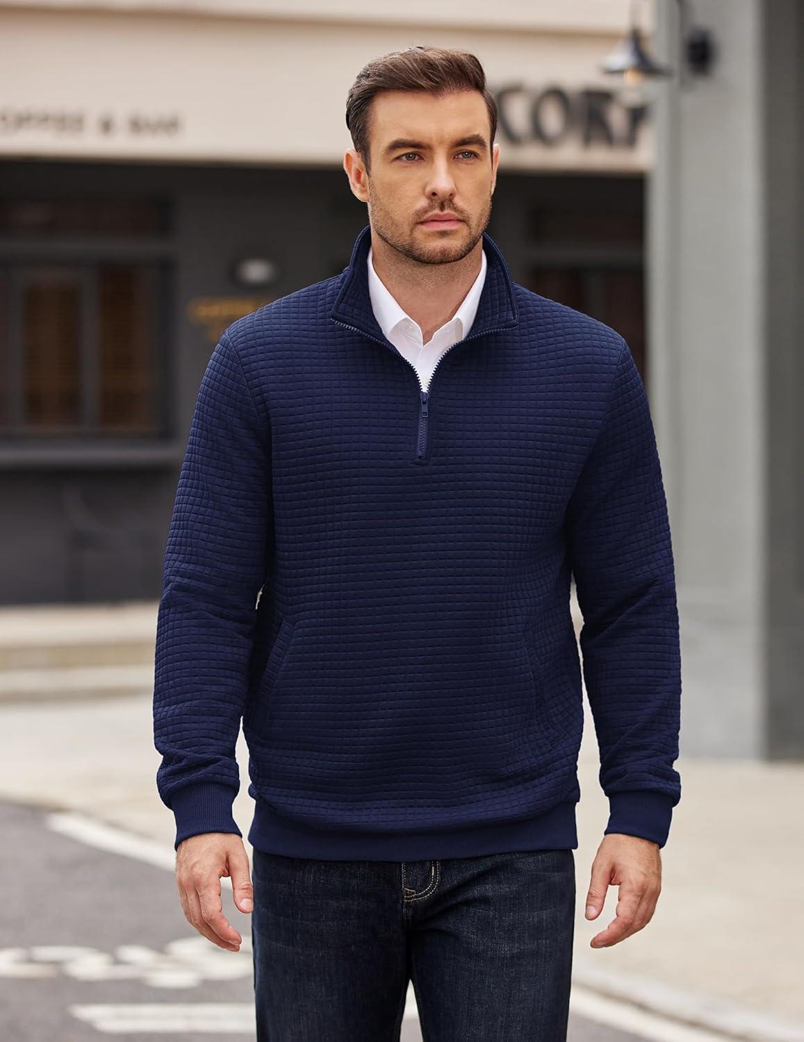 imageCOOFANDY Mens Quarter Zip Pullover Long Sleeve Waffle Quilted Sweatshirt Casual Polo Sweaters with PocketDeep Blue