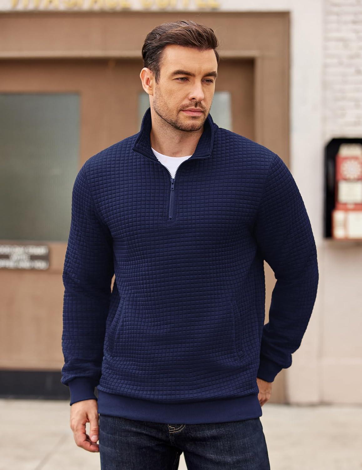imageCOOFANDY Mens Quarter Zip Pullover Long Sleeve Waffle Quilted Sweatshirt Casual Polo Sweaters with PocketDeep Blue
