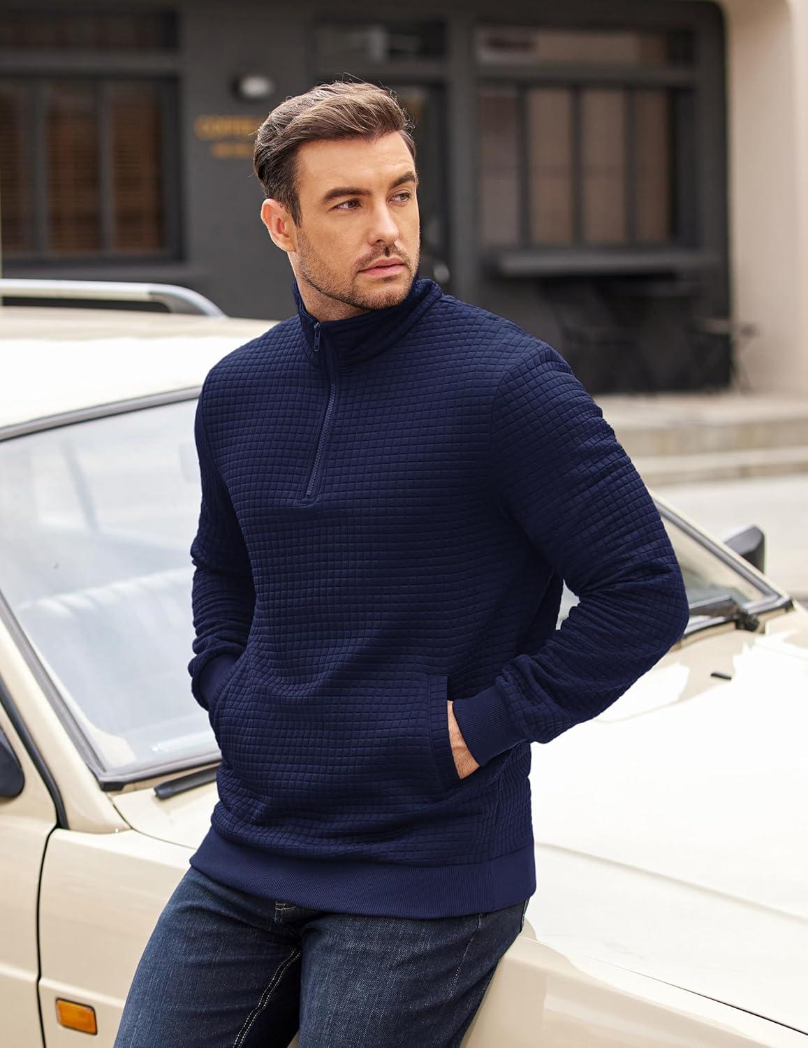 imageCOOFANDY Mens Quarter Zip Pullover Long Sleeve Waffle Quilted Sweatshirt Casual Polo Sweaters with PocketDeep Blue