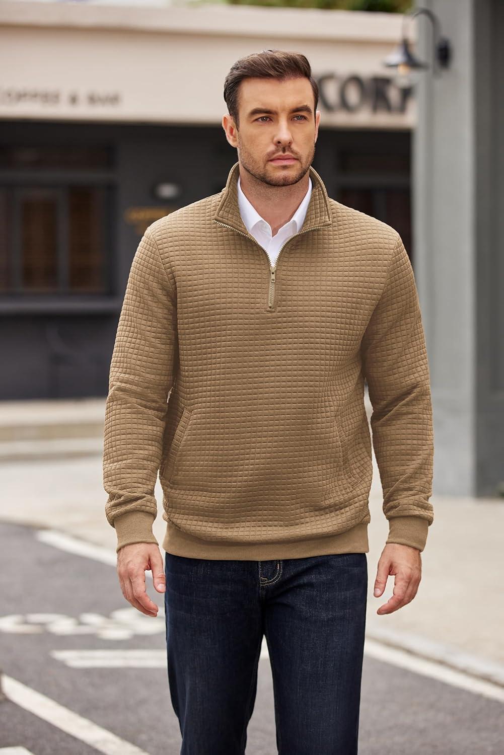 imageCOOFANDY Mens Quarter Zip Pullover Long Sleeve Waffle Quilted Sweatshirt Casual Polo Sweaters with PocketKhaki