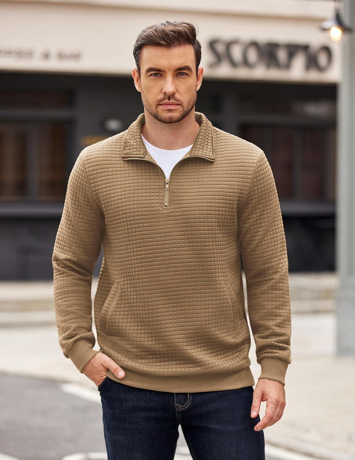 imageCOOFANDY Mens Quarter Zip Pullover Long Sleeve Waffle Quilted Sweatshirt Casual Polo Sweaters with PocketKhaki