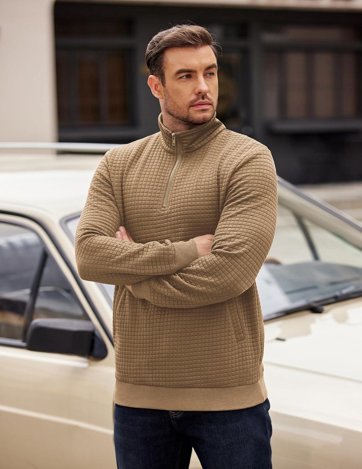 imageCOOFANDY Mens Quarter Zip Pullover Long Sleeve Waffle Quilted Sweatshirt Casual Polo Sweaters with PocketKhaki