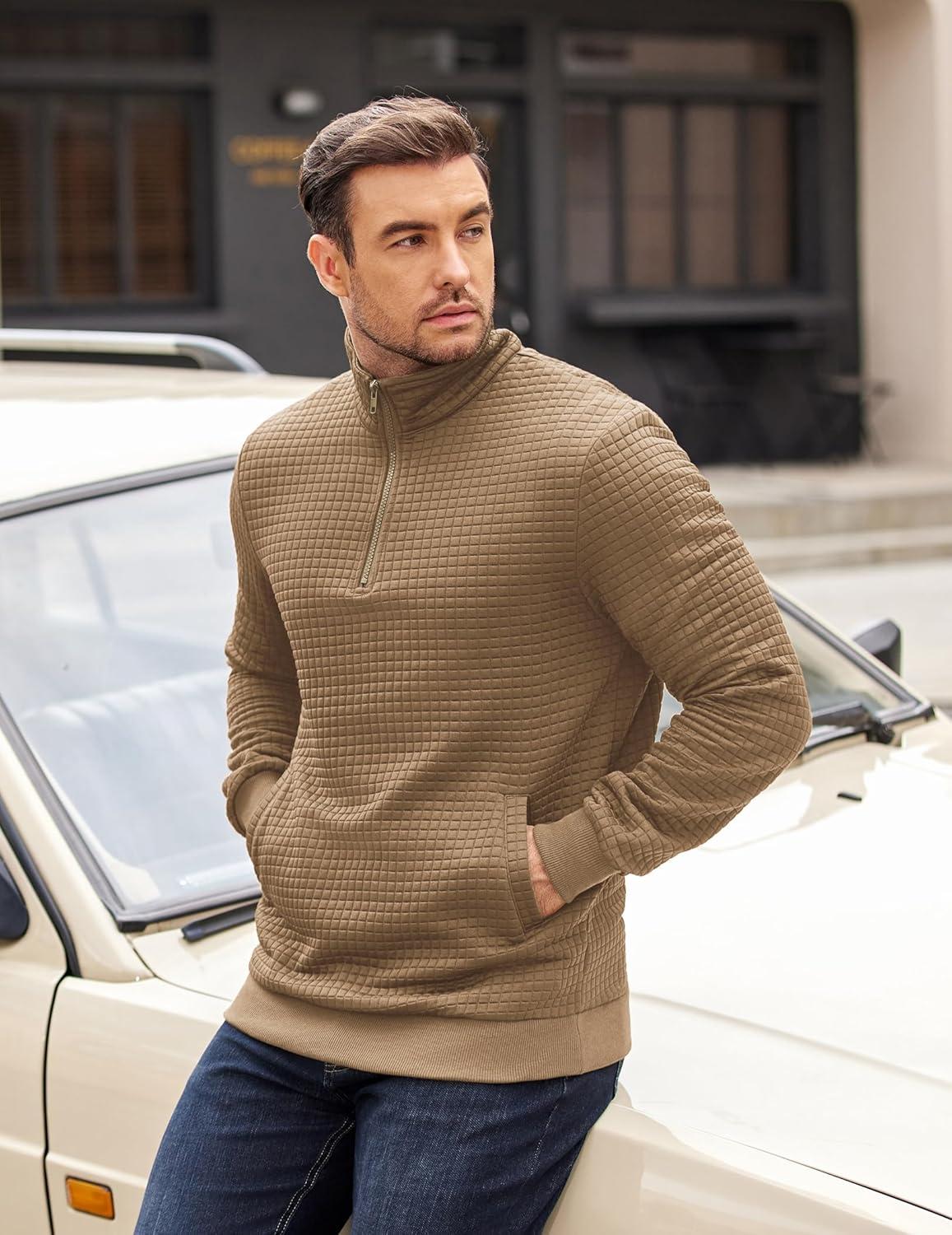 imageCOOFANDY Mens Quarter Zip Pullover Long Sleeve Waffle Quilted Sweatshirt Casual Polo Sweaters with PocketKhaki