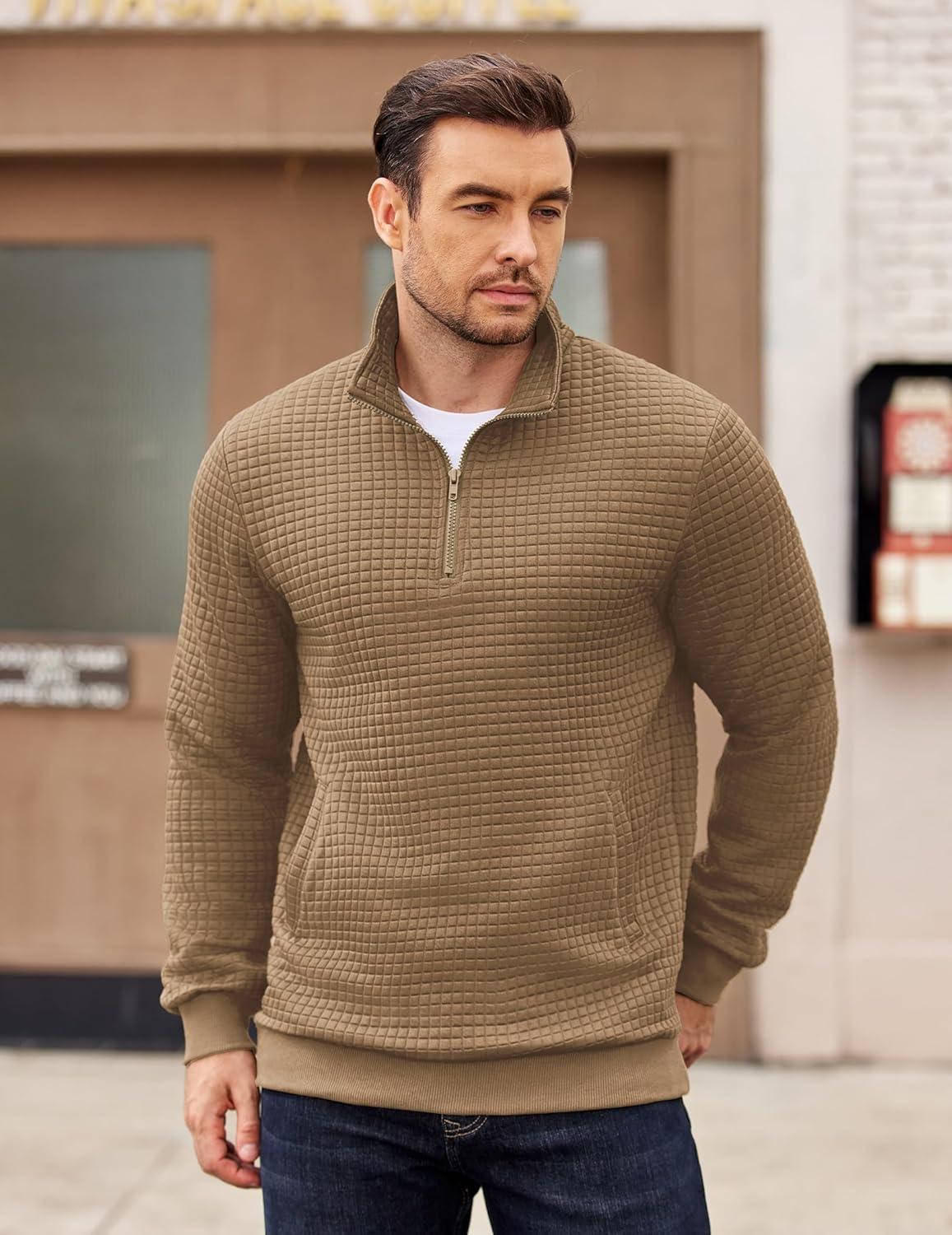 imageCOOFANDY Mens Quarter Zip Pullover Long Sleeve Waffle Quilted Sweatshirt Casual Polo Sweaters with PocketKhaki
