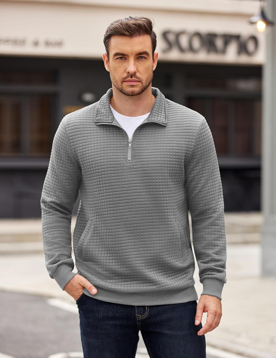 imageCOOFANDY Mens Quarter Zip Pullover Long Sleeve Waffle Quilted Sweatshirt Casual Polo Sweaters with PocketLight Grey