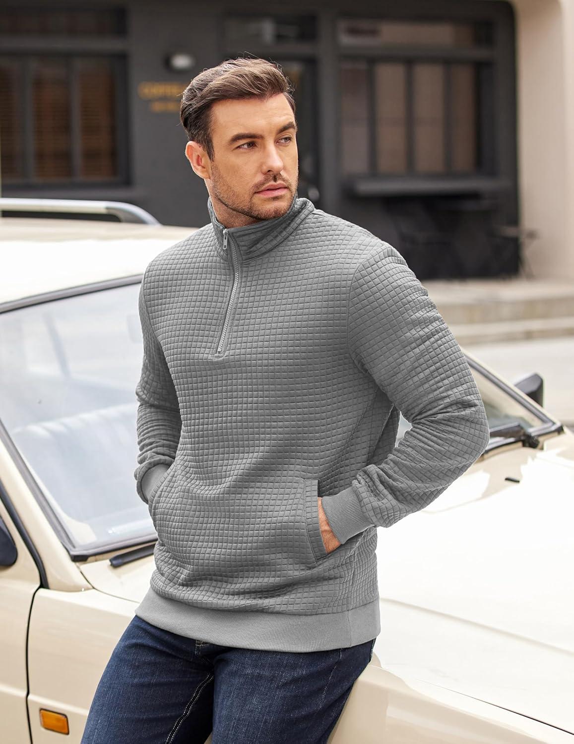 imageCOOFANDY Mens Quarter Zip Pullover Long Sleeve Waffle Quilted Sweatshirt Casual Polo Sweaters with PocketLight Grey