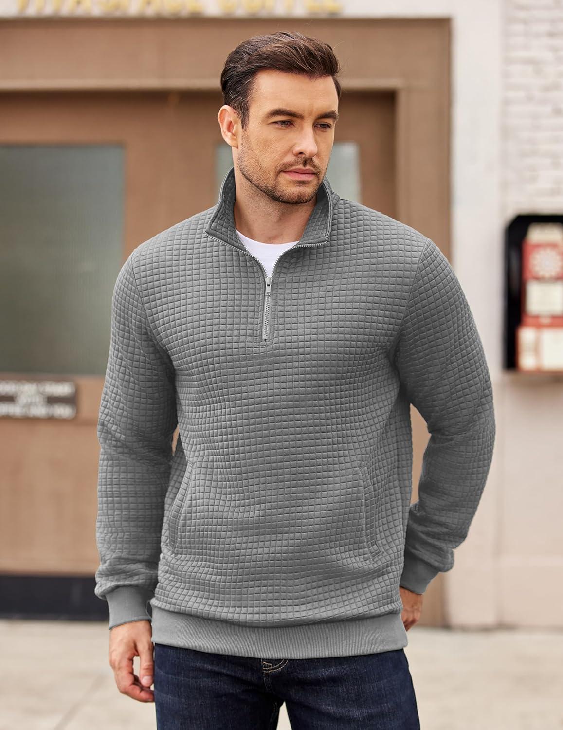 imageCOOFANDY Mens Quarter Zip Pullover Long Sleeve Waffle Quilted Sweatshirt Casual Polo Sweaters with PocketLight Grey