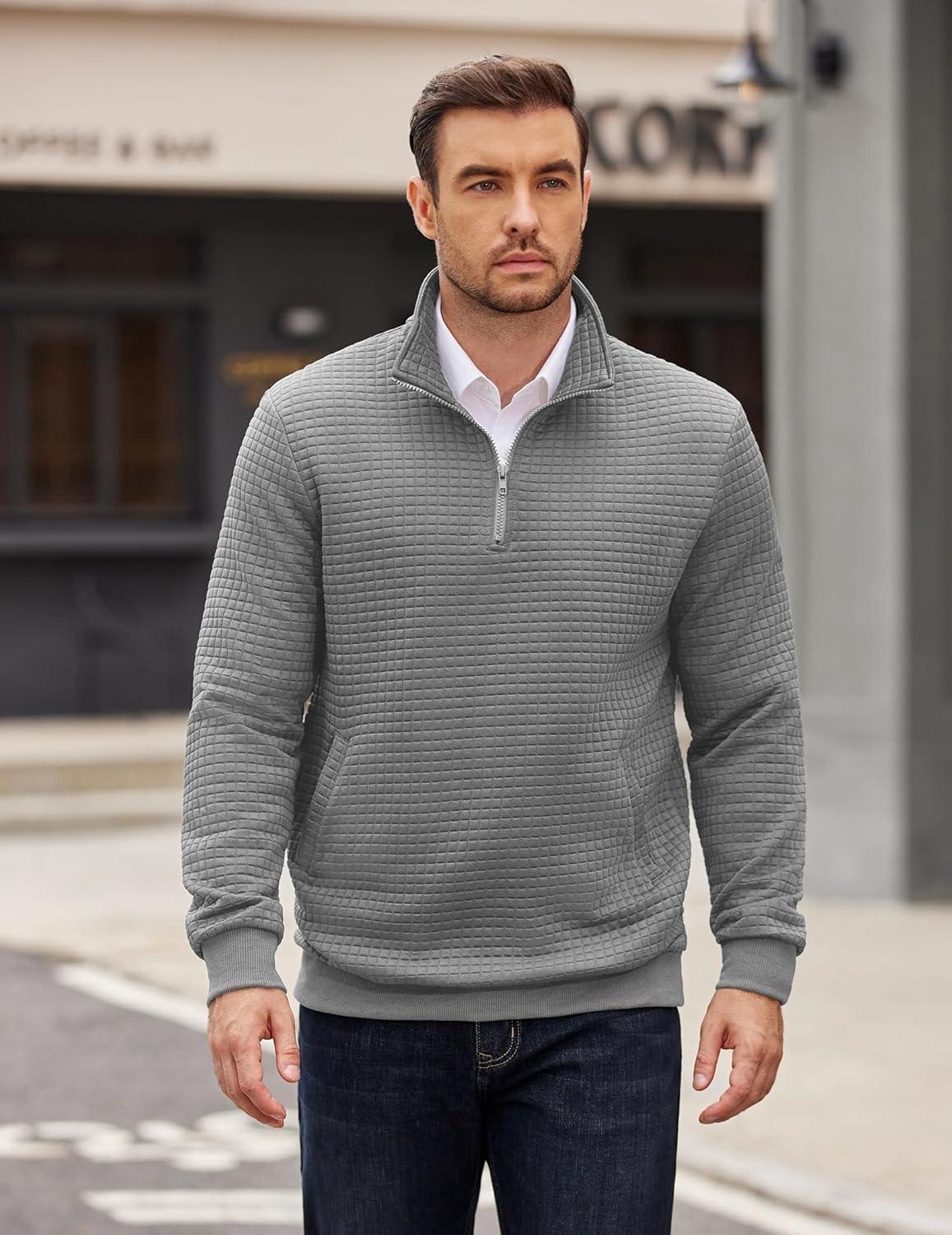 imageCOOFANDY Mens Quarter Zip Pullover Long Sleeve Waffle Quilted Sweatshirt Casual Polo Sweaters with PocketLight Grey