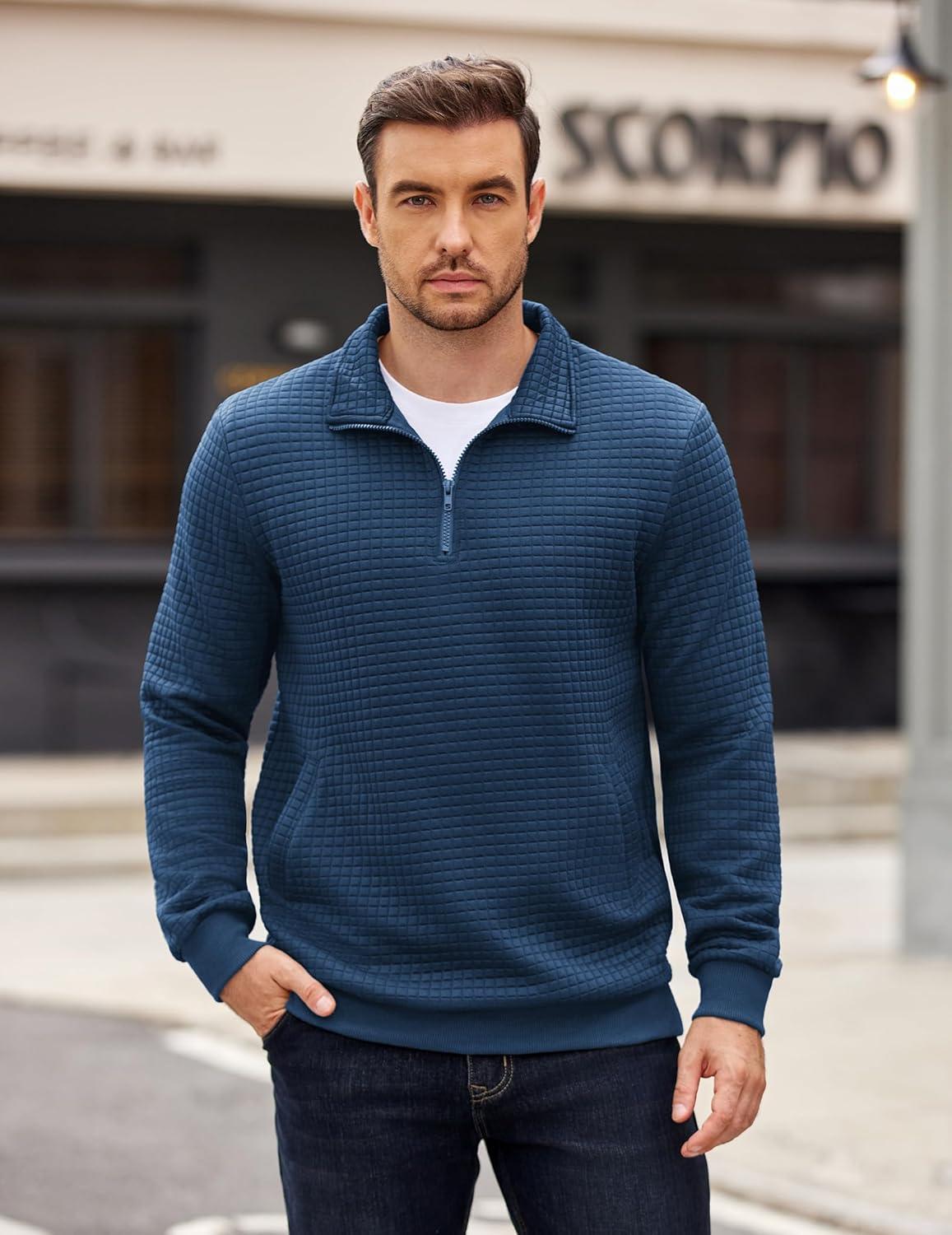 imageCOOFANDY Mens Quarter Zip Pullover Long Sleeve Waffle Quilted Sweatshirt Casual Polo Sweaters with PocketNavy Blue