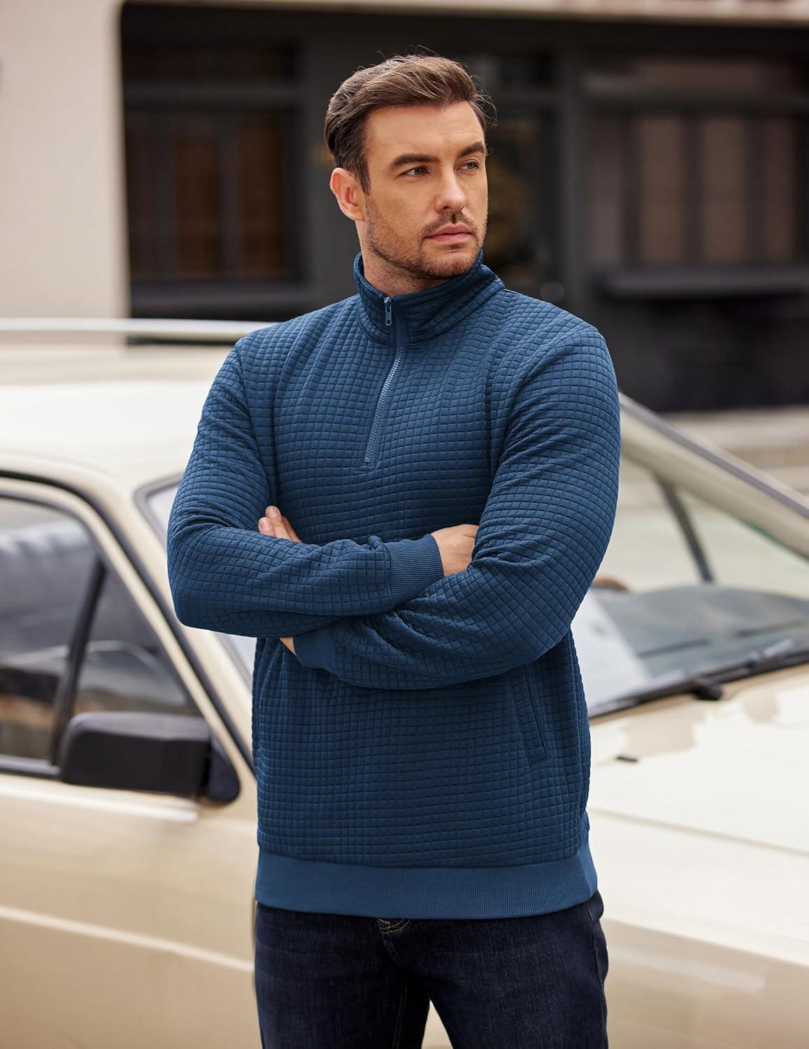 imageCOOFANDY Mens Quarter Zip Pullover Long Sleeve Waffle Quilted Sweatshirt Casual Polo Sweaters with PocketNavy Blue