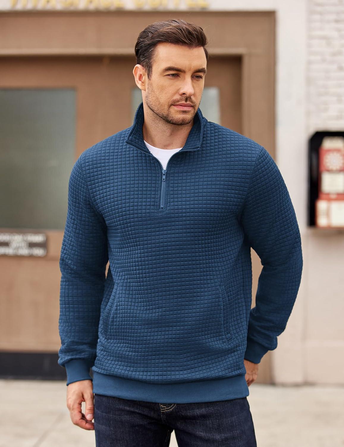 imageCOOFANDY Mens Quarter Zip Pullover Long Sleeve Waffle Quilted Sweatshirt Casual Polo Sweaters with PocketNavy Blue