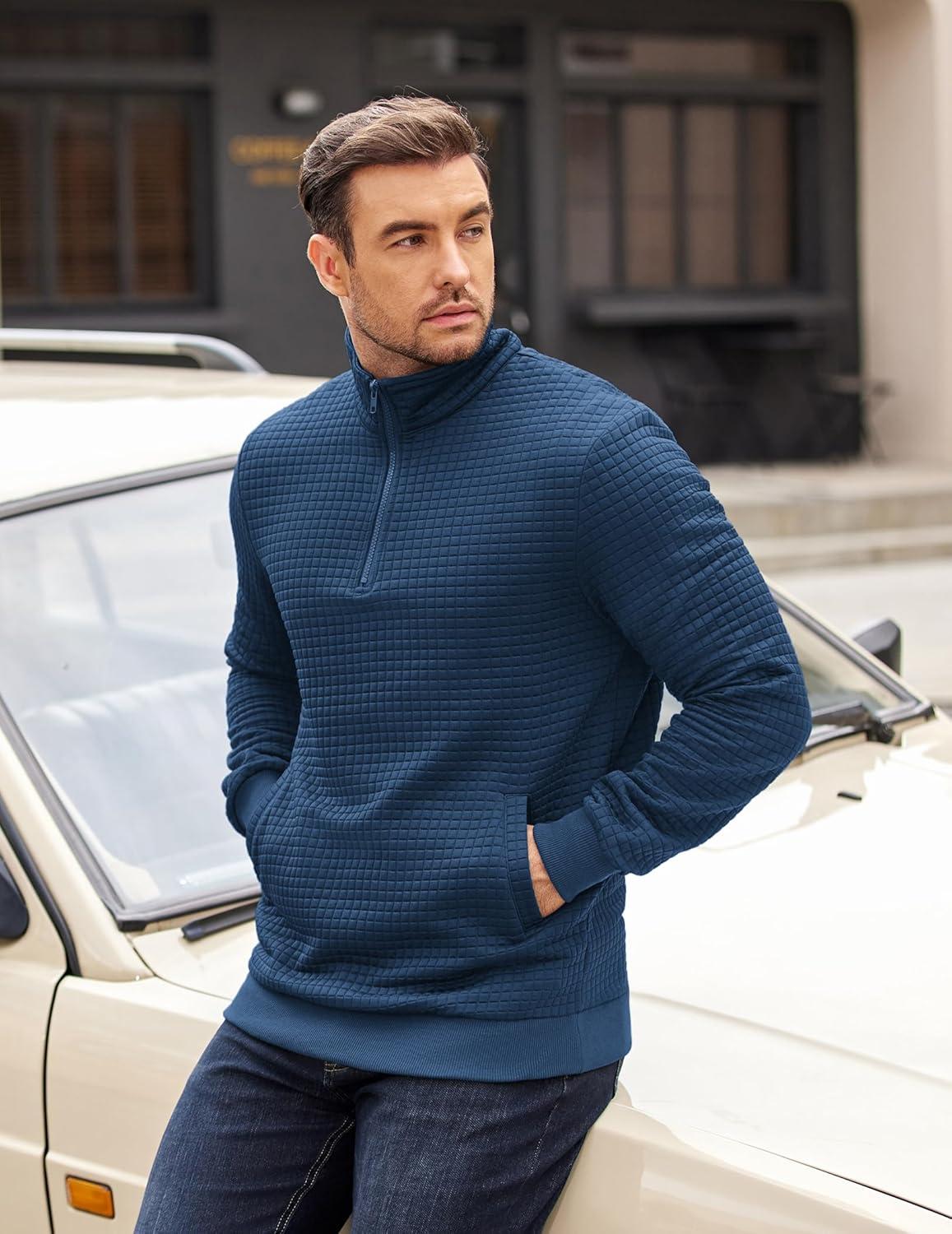 imageCOOFANDY Mens Quarter Zip Pullover Long Sleeve Waffle Quilted Sweatshirt Casual Polo Sweaters with PocketNavy Blue