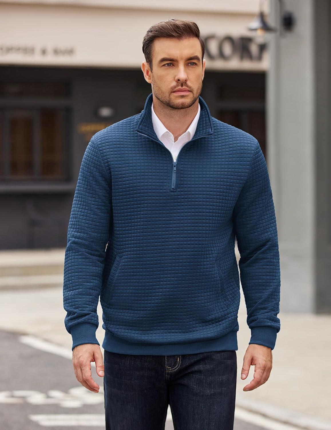 imageCOOFANDY Mens Quarter Zip Pullover Long Sleeve Waffle Quilted Sweatshirt Casual Polo Sweaters with PocketNavy Blue