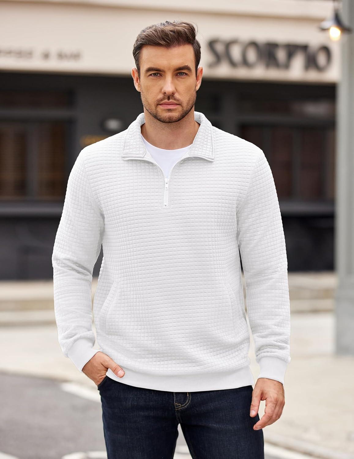 imageCOOFANDY Mens Quarter Zip Pullover Long Sleeve Waffle Quilted Sweatshirt Casual Polo Sweaters with PocketWhite