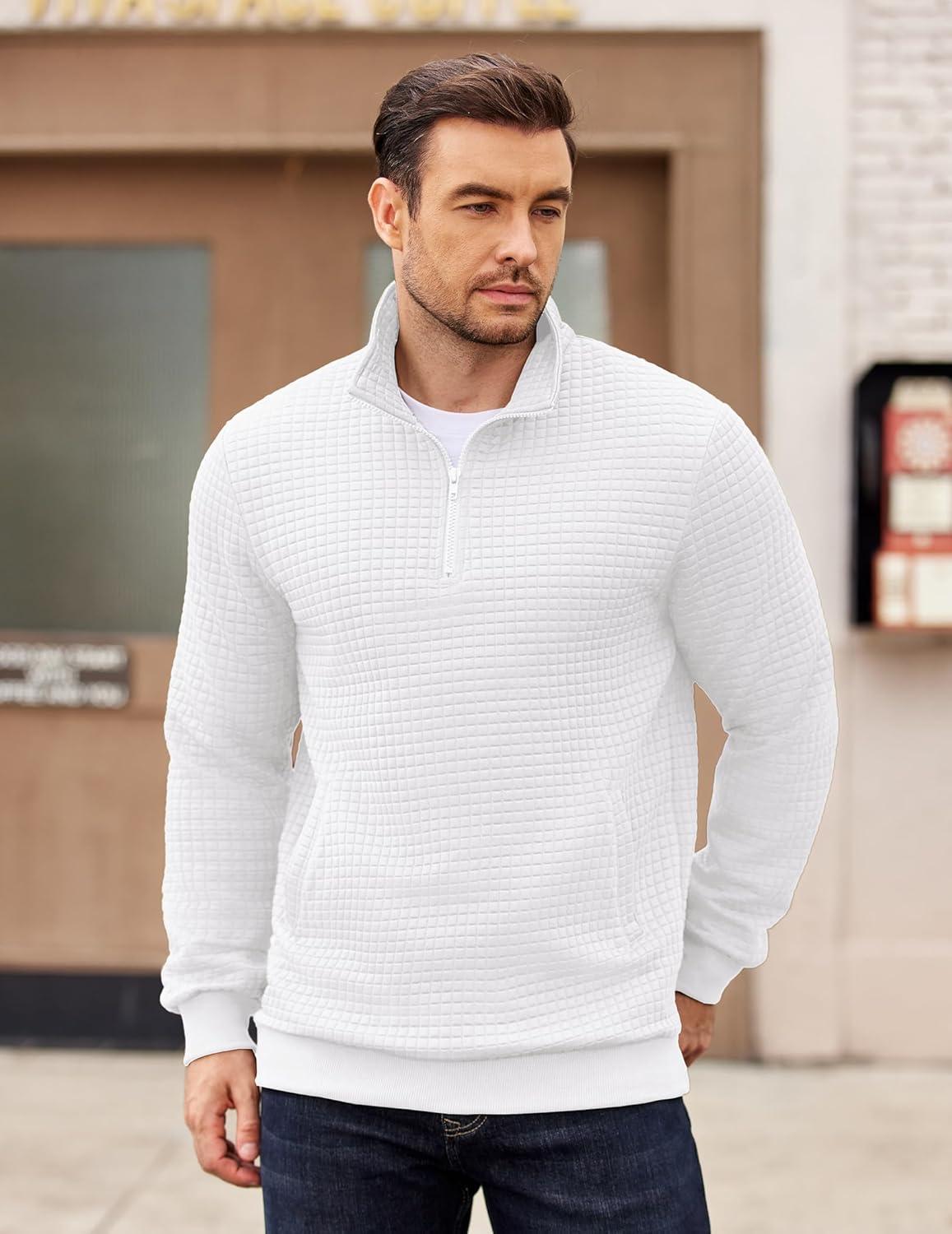 imageCOOFANDY Mens Quarter Zip Pullover Long Sleeve Waffle Quilted Sweatshirt Casual Polo Sweaters with PocketWhite