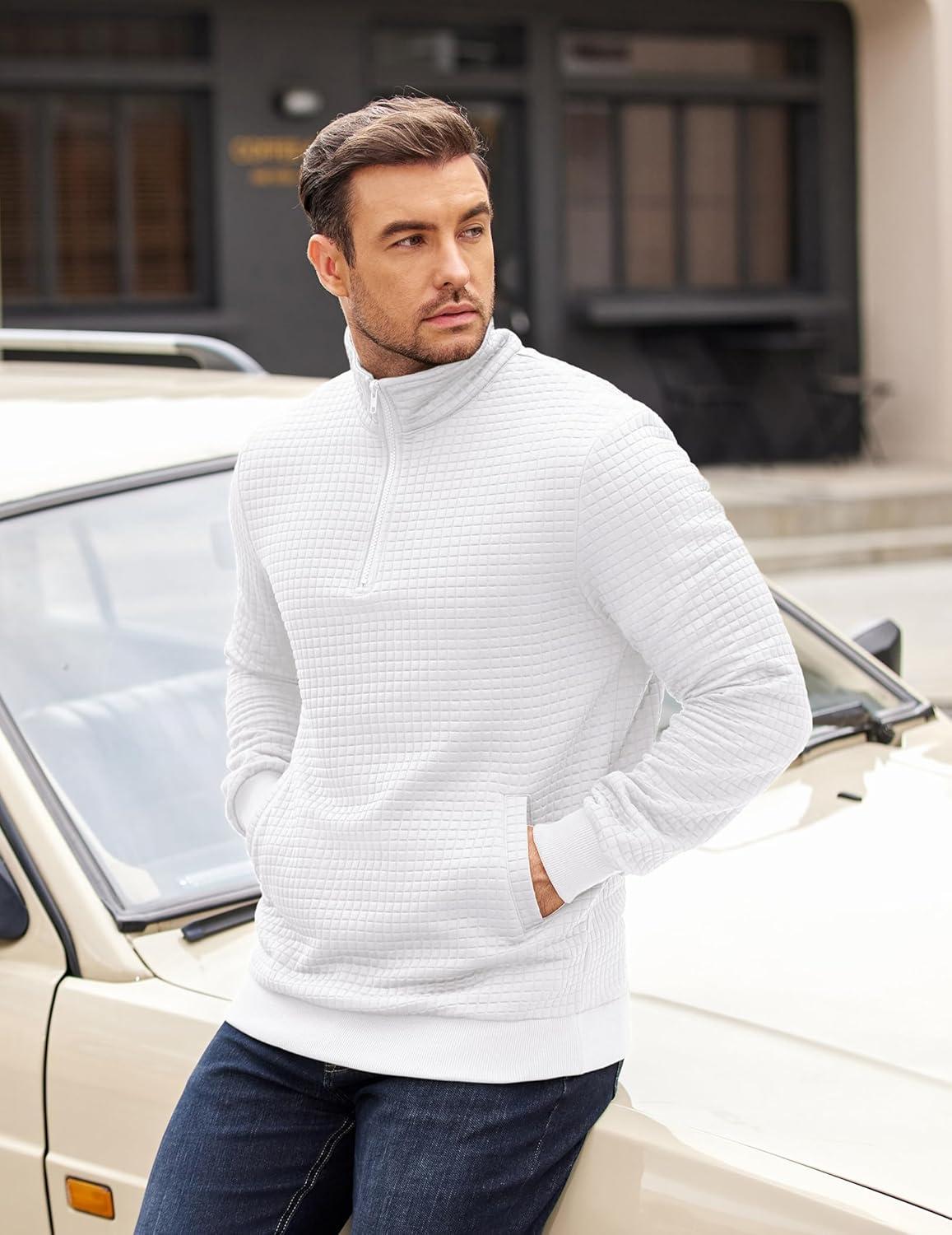 imageCOOFANDY Mens Quarter Zip Pullover Long Sleeve Waffle Quilted Sweatshirt Casual Polo Sweaters with PocketWhite