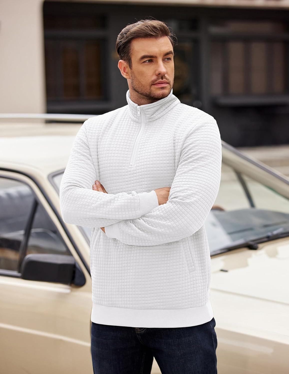 imageCOOFANDY Mens Quarter Zip Pullover Long Sleeve Waffle Quilted Sweatshirt Casual Polo Sweaters with PocketWhite