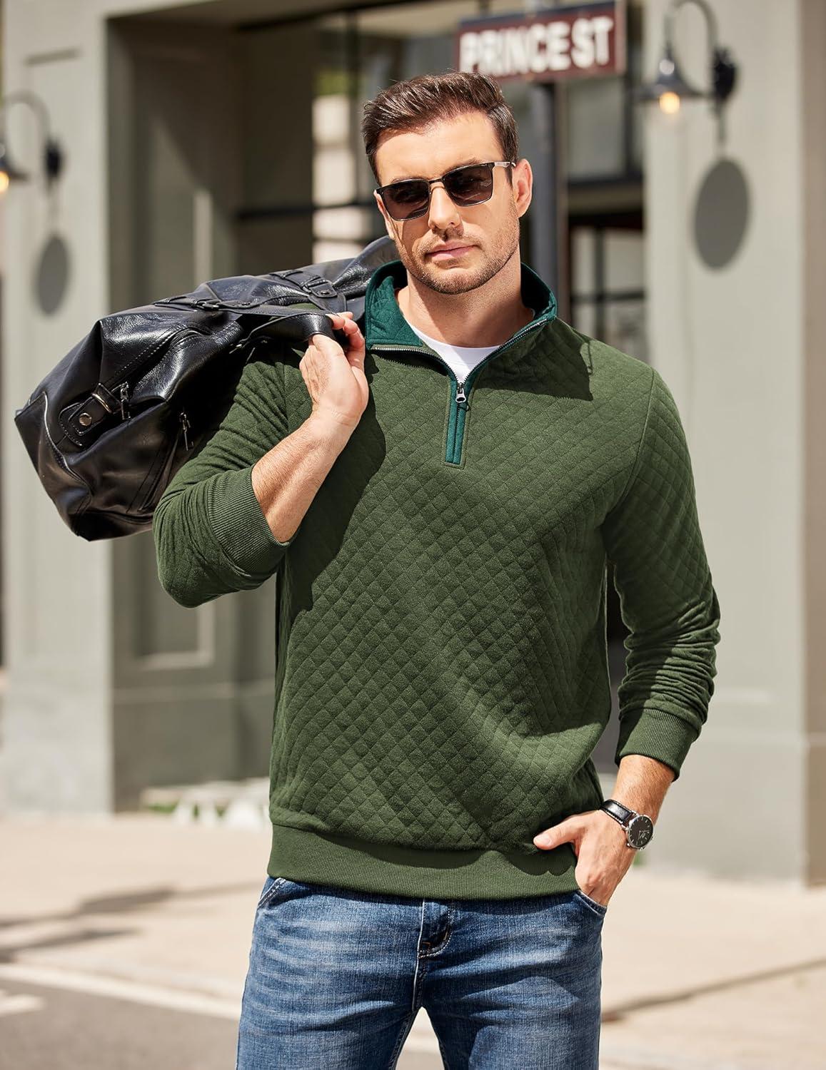 imageCOOFANDY Mens Quarter Zip Pullover Mock Neck Quilted Sweatshirt Casual Long Sleeve Polo SweaterArmy Green