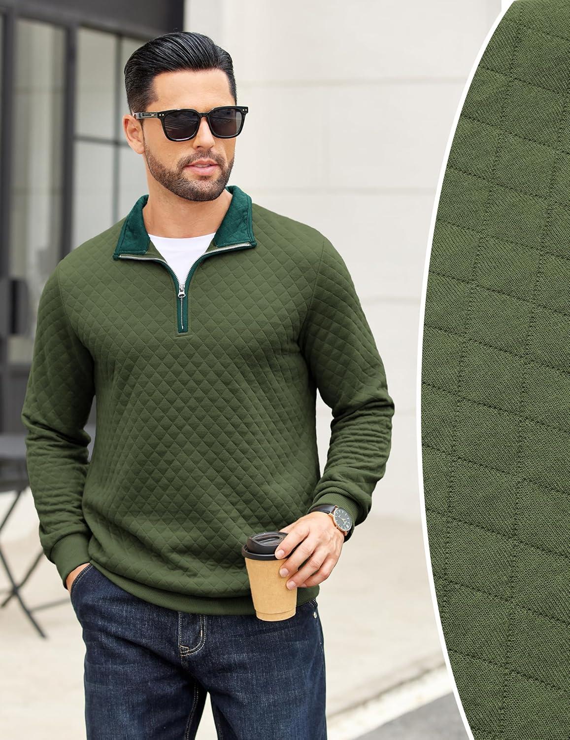 imageCOOFANDY Mens Quarter Zip Pullover Mock Neck Quilted Sweatshirt Casual Long Sleeve Polo SweaterArmy Green