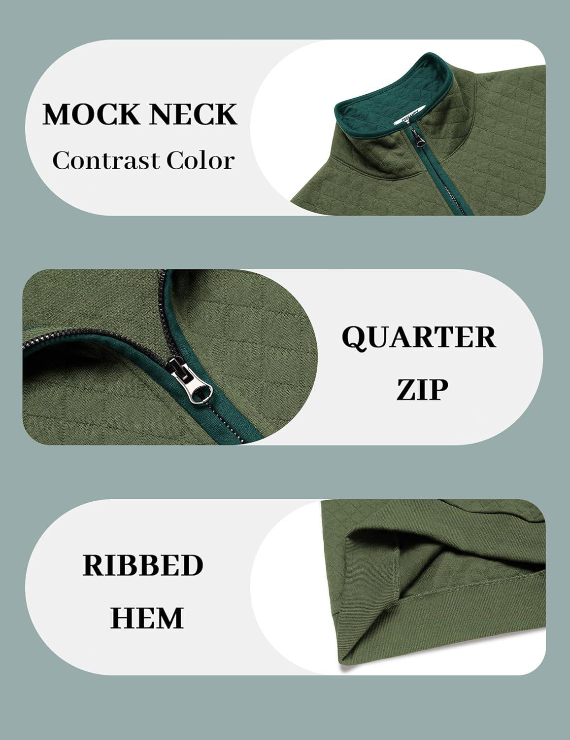 imageCOOFANDY Mens Quarter Zip Pullover Mock Neck Quilted Sweatshirt Casual Long Sleeve Polo SweaterArmy Green