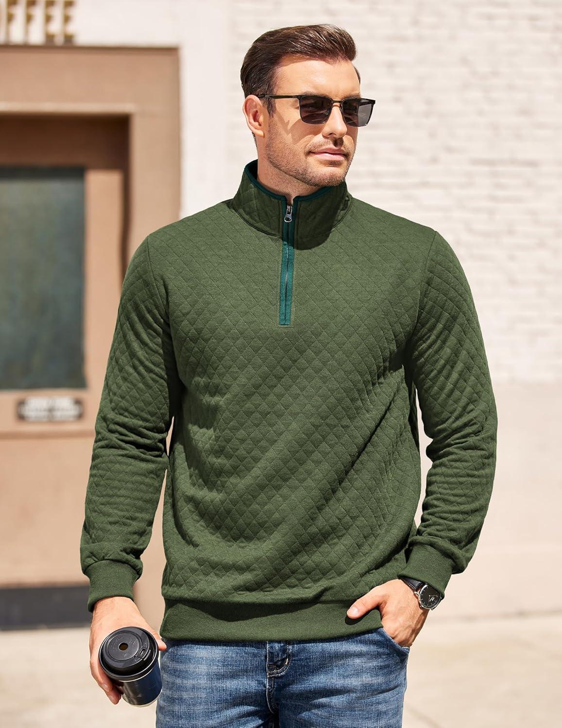 imageCOOFANDY Mens Quarter Zip Pullover Mock Neck Quilted Sweatshirt Casual Long Sleeve Polo SweaterArmy Green