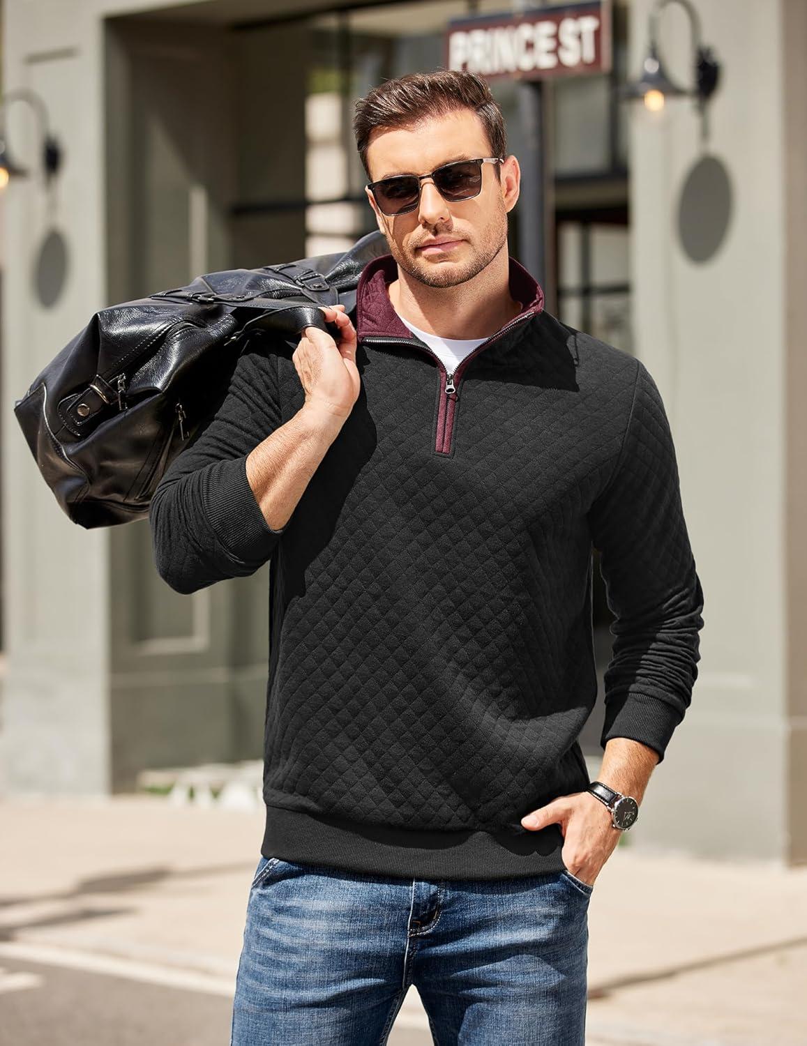 imageCOOFANDY Mens Quarter Zip Pullover Mock Neck Quilted Sweatshirt Casual Long Sleeve Polo SweaterBlack