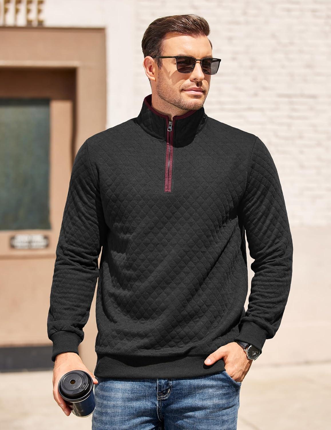 imageCOOFANDY Mens Quarter Zip Pullover Mock Neck Quilted Sweatshirt Casual Long Sleeve Polo SweaterBlack