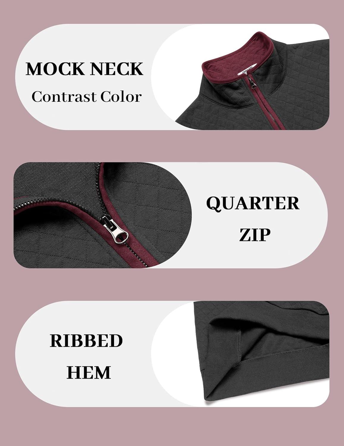 imageCOOFANDY Mens Quarter Zip Pullover Mock Neck Quilted Sweatshirt Casual Long Sleeve Polo SweaterBlack