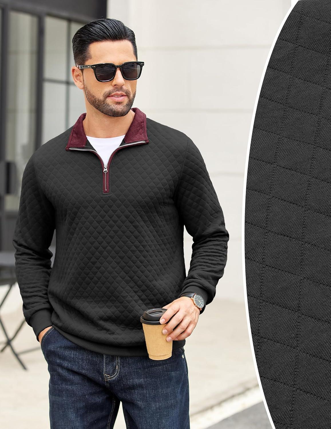 imageCOOFANDY Mens Quarter Zip Pullover Mock Neck Quilted Sweatshirt Casual Long Sleeve Polo SweaterBlack